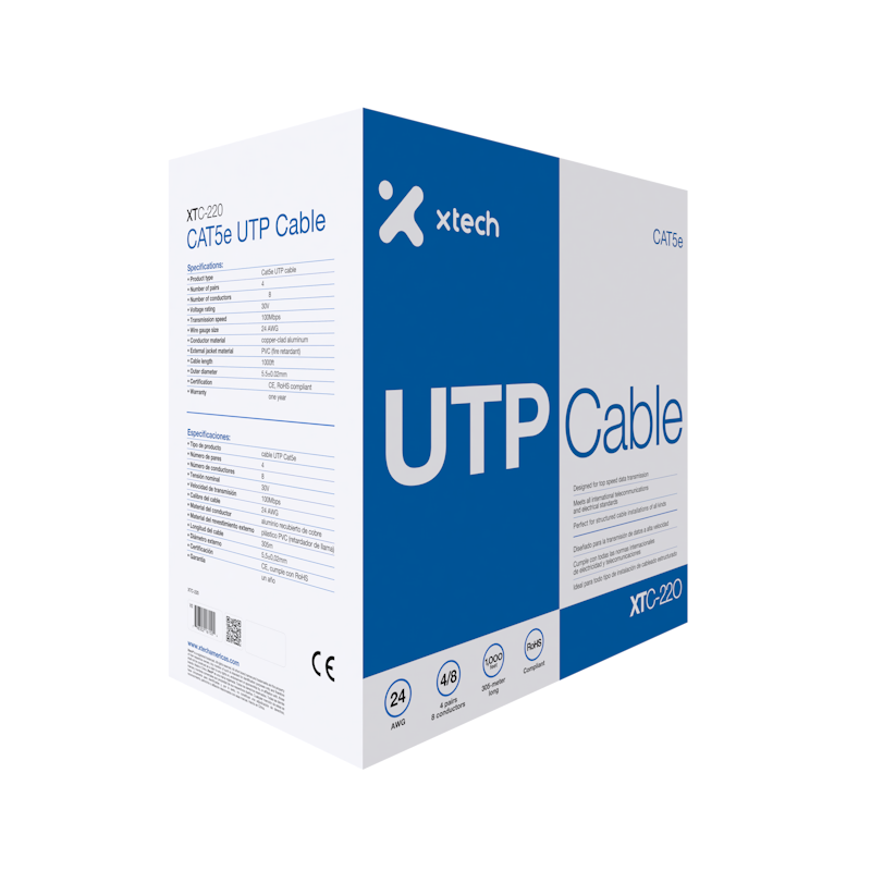 CABLE DE RED XTECH UTP XTC-220 CAT5E 1000FT/305M GRIS 24 AWG / AC003XTK02