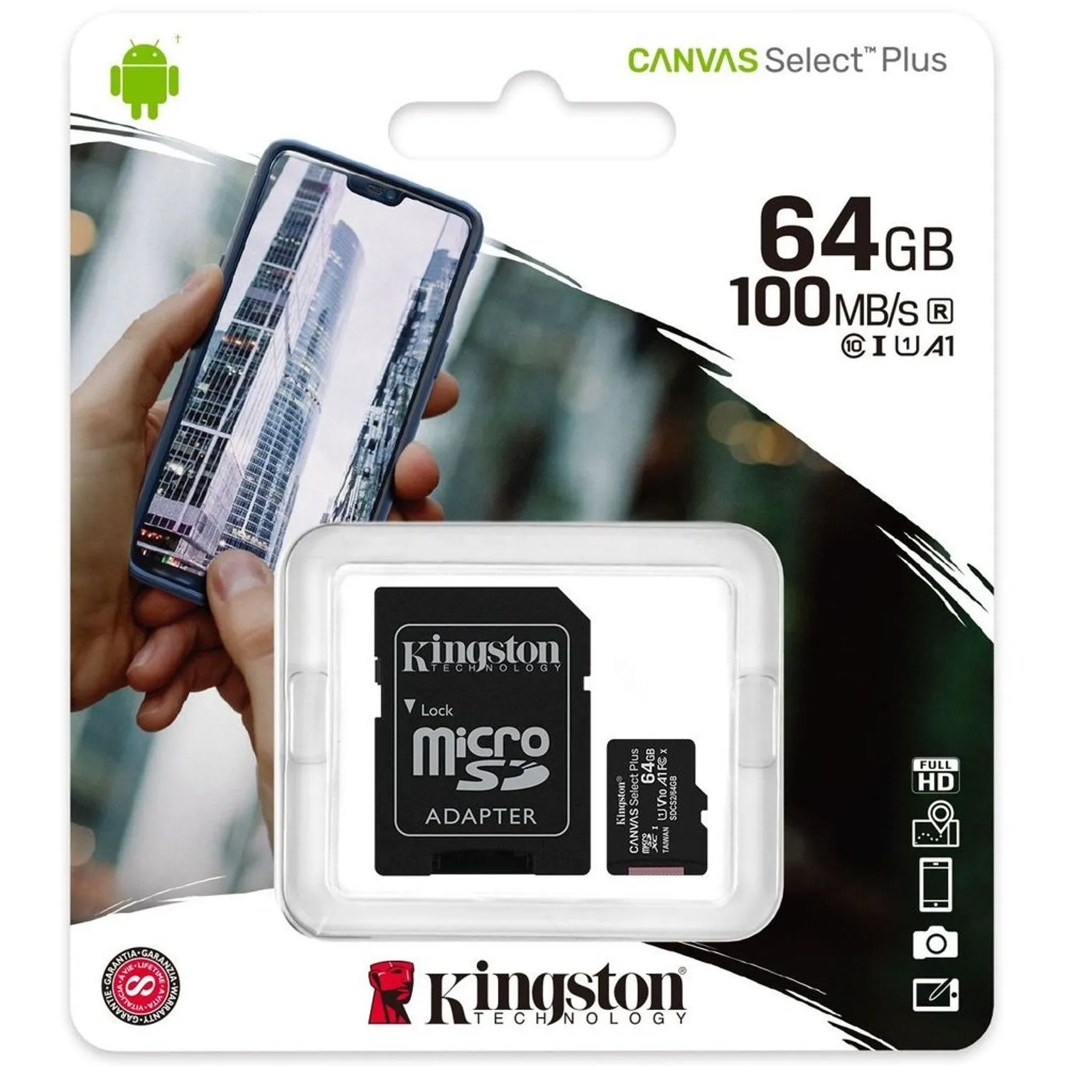 MEMORIA MICRO-SD KINGSTON CANVAS SELECT 64GB, UHS-I SPEED CLASS 1 (U1), CON ADAPTADOR SD, SDCS2/64GB