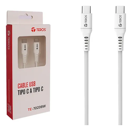 Cable USB TEROS TE-70208W, Tipo C a Tipo C, 5A, 100W Máx, blanco