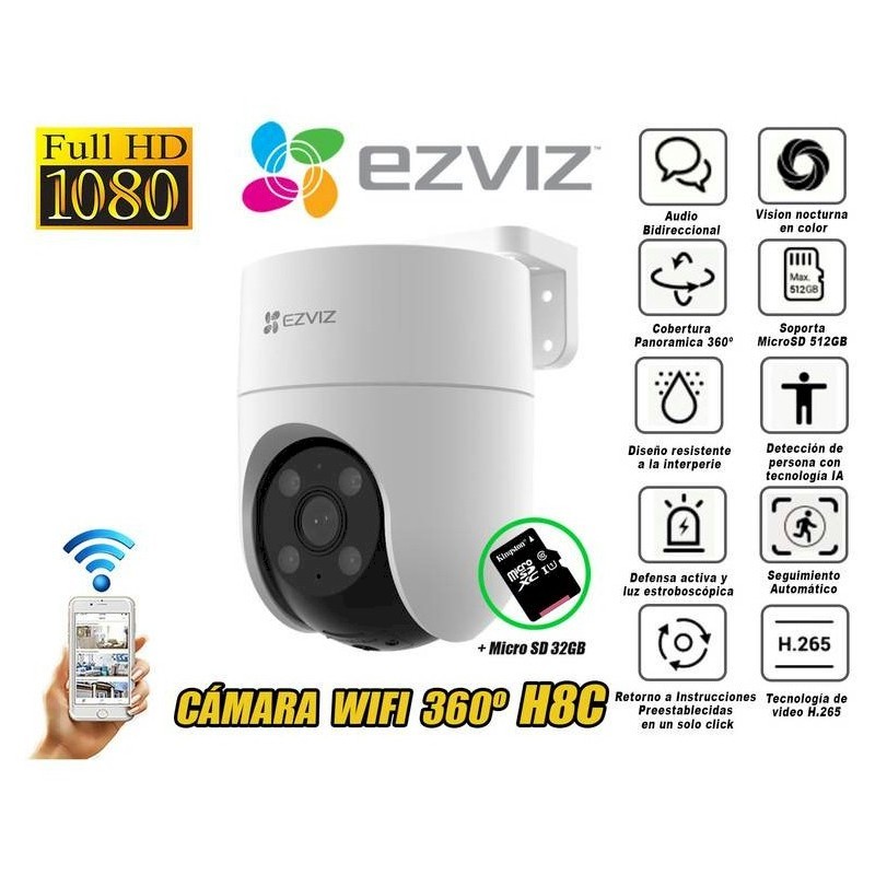 Cámara EZVIZ H8c, FHD 1080p, PTZ 360°, Wifi, Exterior