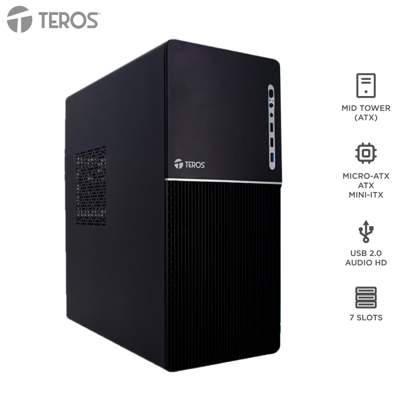 Case TEROS TE-1037S, Factor de forma ATX, 250 W, USB 3.0 / 2.0, audio, negro