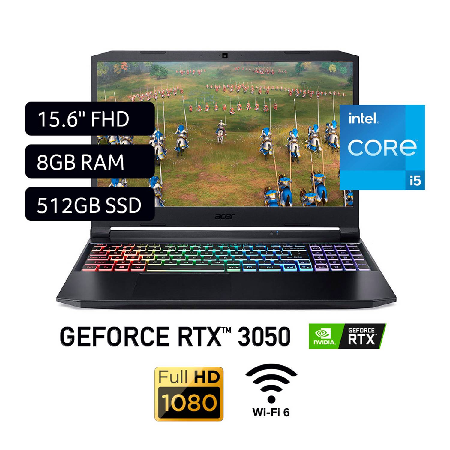 LAPTOP GAMER ACER NITRO AN515-57-5833 LED 15.6'' FHD, I5-11400H 2.7GHZ/4.5GHZ, RAM 8GB, SSD 512GB, VIDEO RTX 3050 4GB, TECLADO RGB