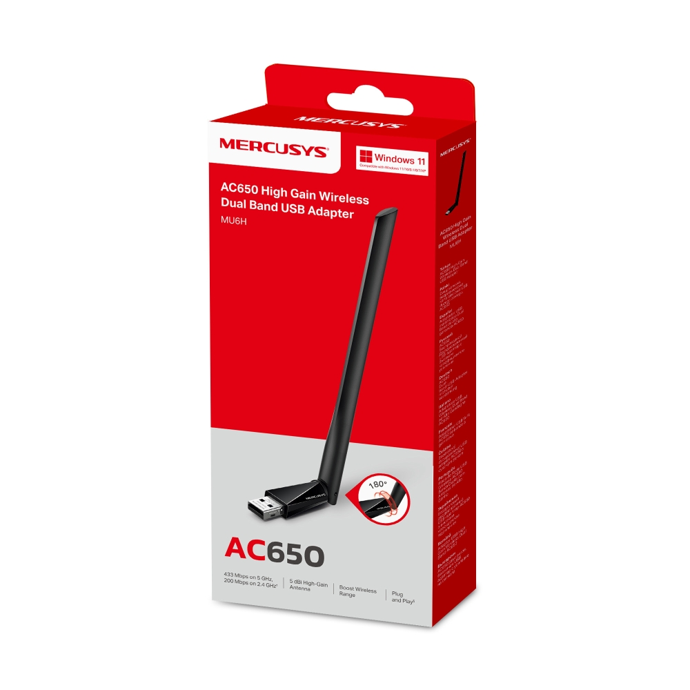 Mercusys MU6H AC650 - Adaptador de red - USB 2.0 - Wi-Fi 5