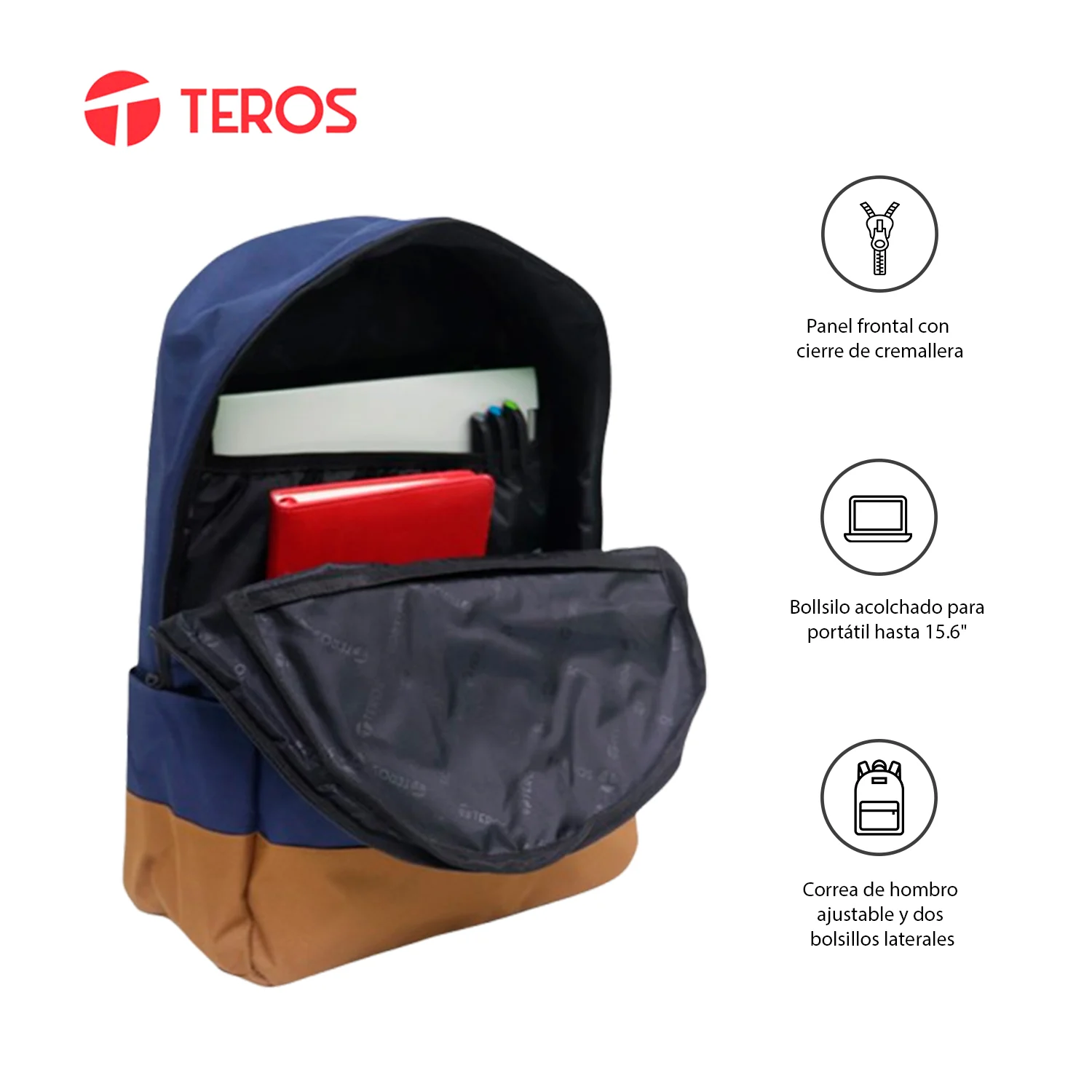 Mochila TEROS TE-ACS9019, poliéster, soporta notebooks de hasta 15.6", azul + marrón