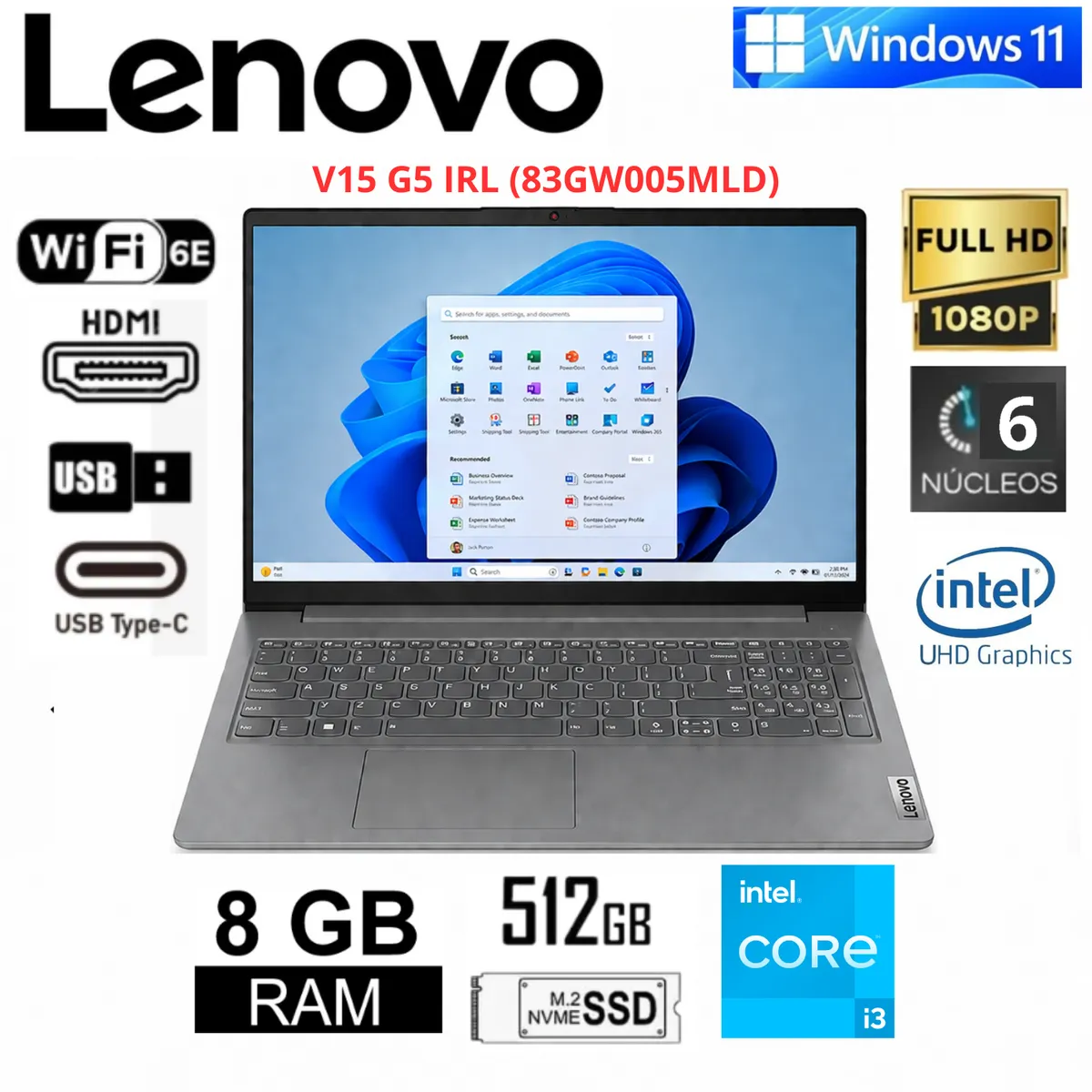 laptop Lenovo V15 G5 IRL, 15.6" FHD TN, Core i3-1315U de hasta 4.5GHz, Ram 8GB DDR5-5200, Ssd 512GB SSD M.2 2242