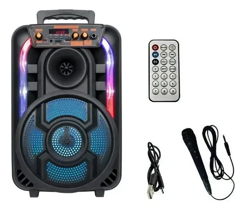 PARLANTE PORTATIL BLUETOOTH 8"//MICROFONO CON CABLE//CONTROL REMOTO//LUCES LED
